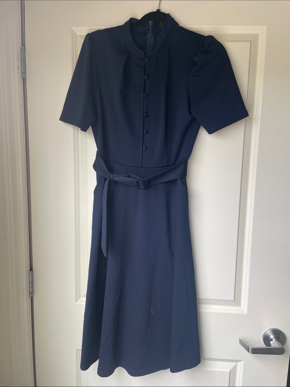 Navy Short-Sleeve Midi Dress with Self-Tie Belt